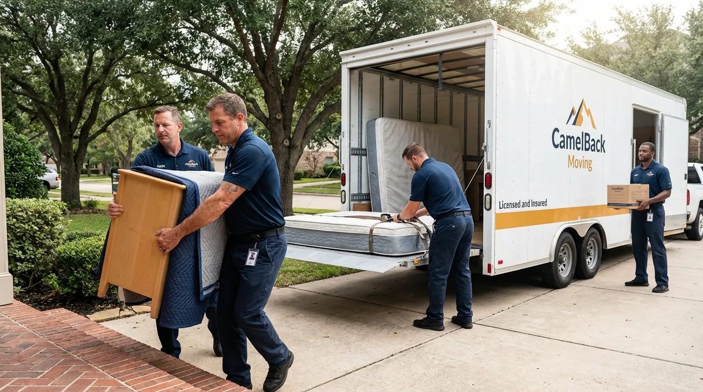 Crew loading residential truck for cross-state move from Ivanhoe, CA