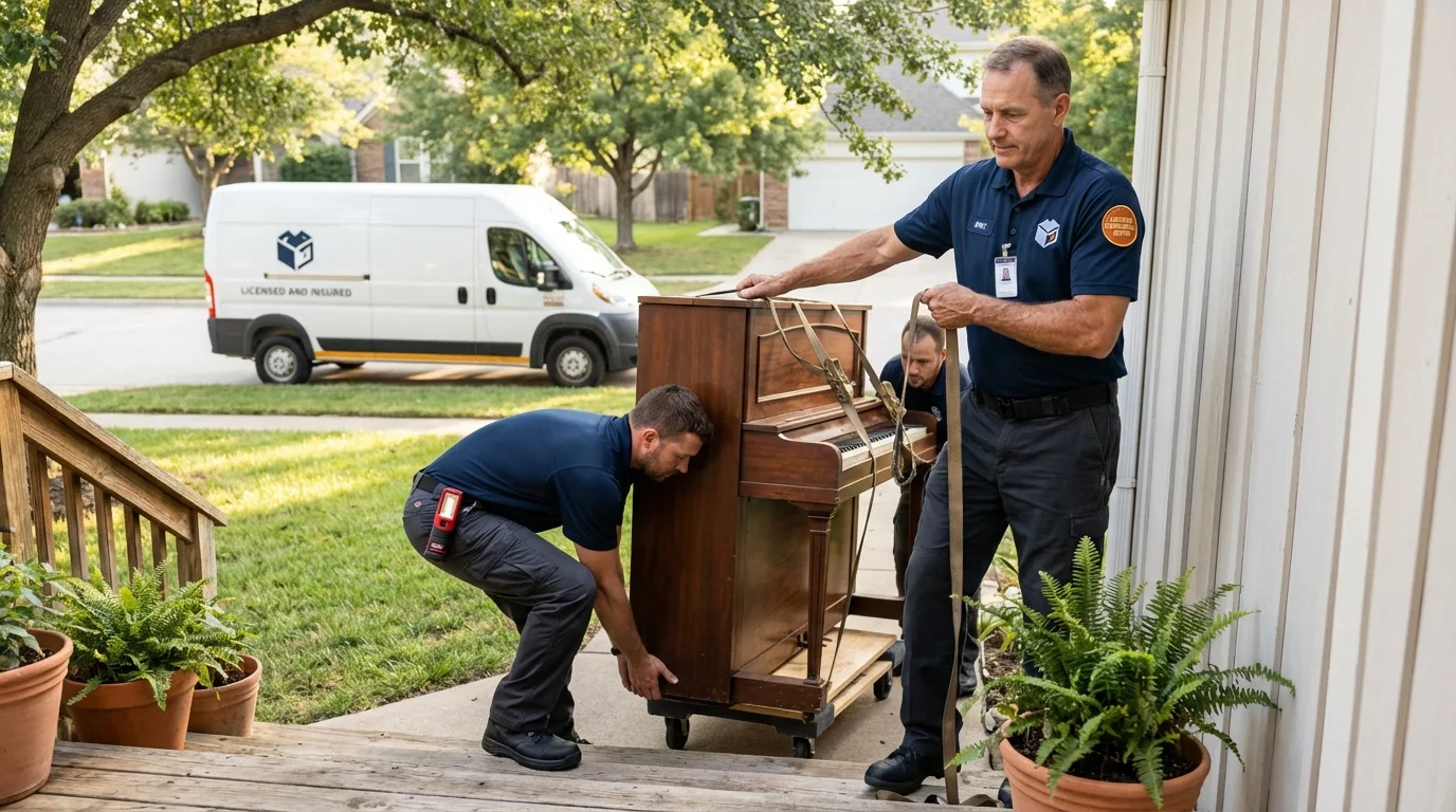 Licensed piano movers securing grand piano in Ivanhoe, CA