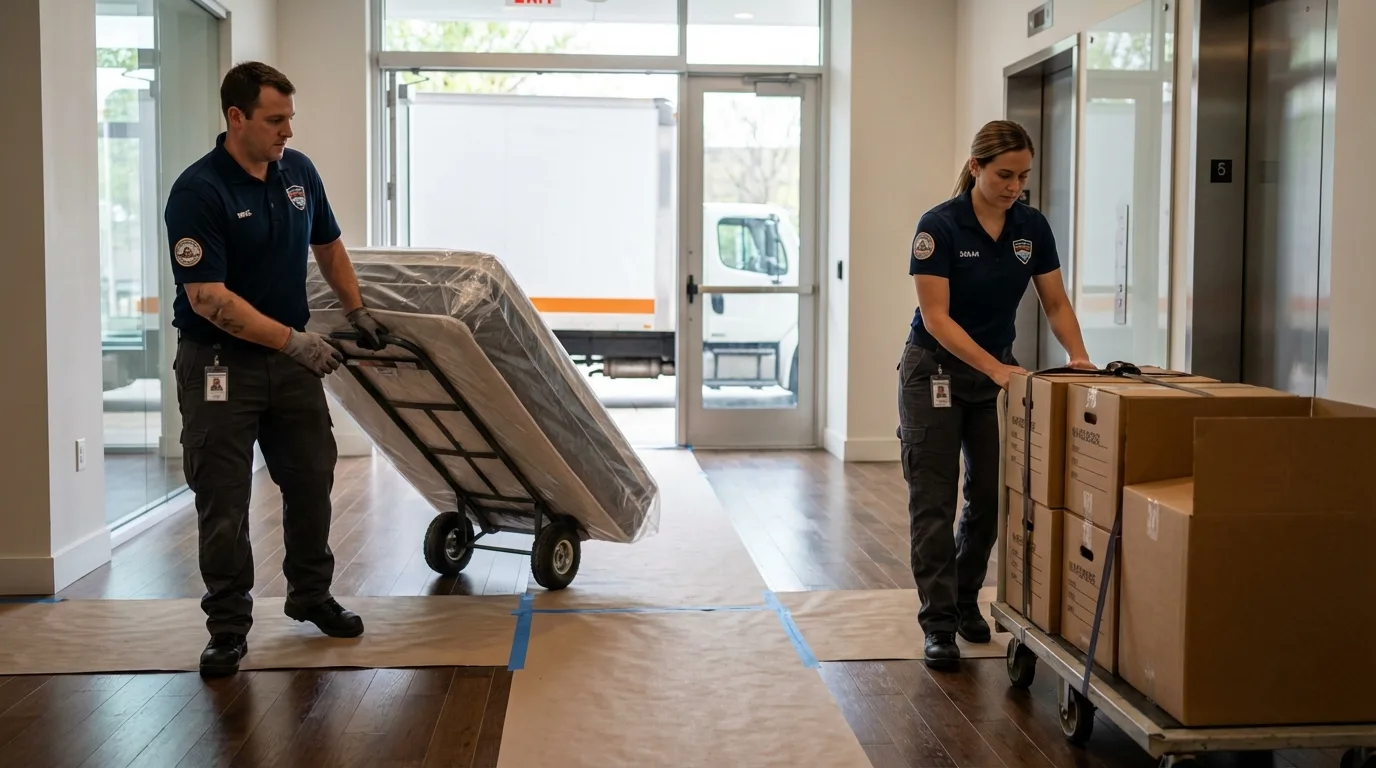 Professional apartment movers loading elevator in Ivanhoe, CA