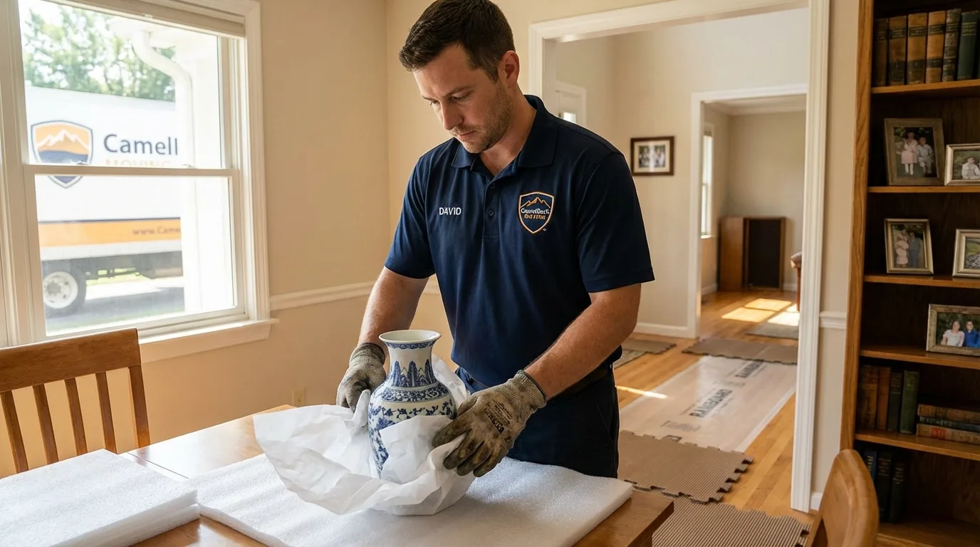 Professional crew carefully wrapping antique vase for senior downsizing move in Ivanhoe, CA