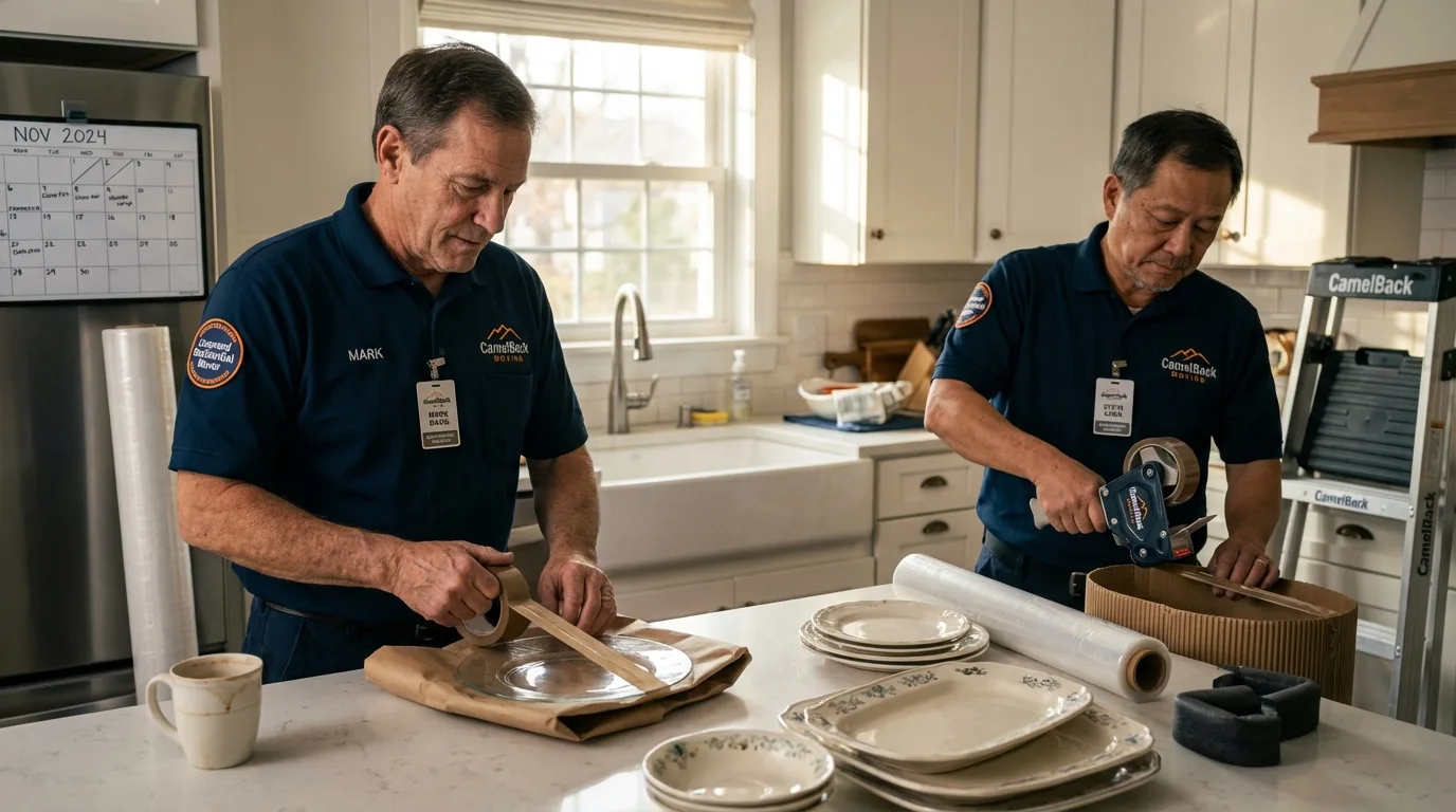 Professional crew packing kitchen dishware in Ivanhoe, CA